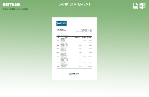 Модерен стил на ексел шаблон за извод од банка на Нигер Ecobank